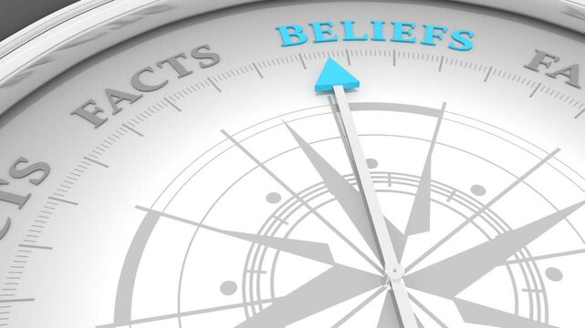 The needle of compass points to the word beliefs ignoring the words facts. Religion, science and business concept of opposites, decisions, and uncertainty. 3D render