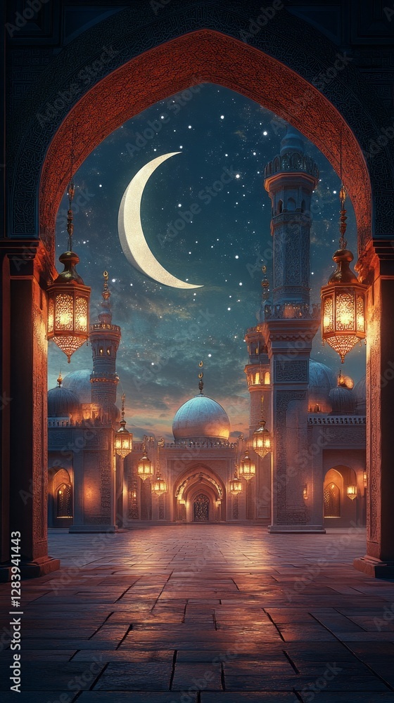 Poster beneath a majestic archway, warm lantern light dances around intricate patterns, revealing a serene 