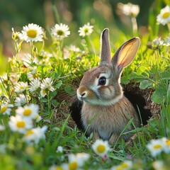 Obraz premium Rabbit Emerging from Burrow Surrounded by Beautiful Wildflowers