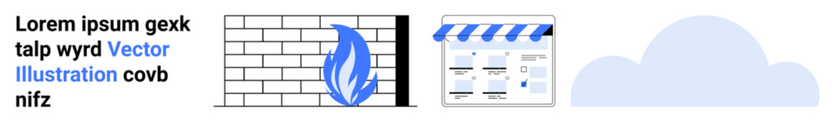 Text snippet next to a brick wall with a fire design, a website mockup, and a cloud shape. Ideal for branding, web design, digital marketing, graphic design, technology, virtual collaboration user