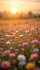 Obraz premium A stunning sunset casts golden light over a colorful field of flowers, showcasing nature's beauty and tranquility.