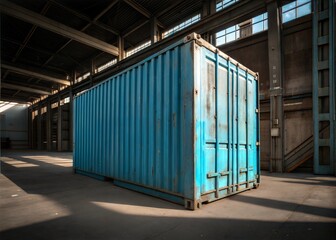 Fototapeta premium Rusty blue shipping container inside a large industrial warehouse.