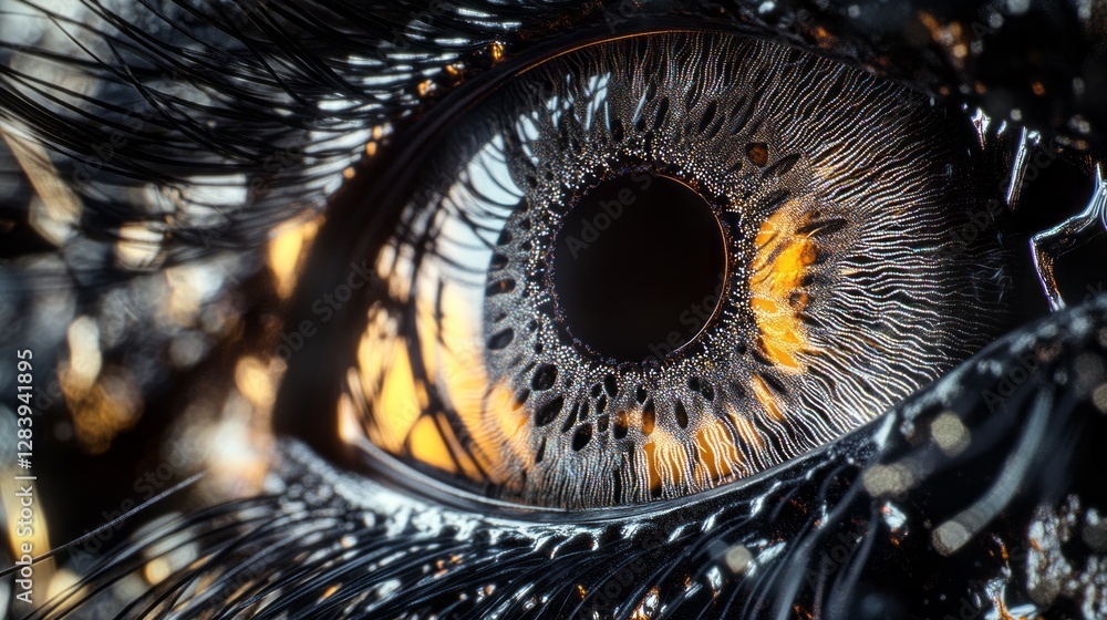 Poster An extreme close-up of a captivating eye showcases the delicate patterns of the iris and the shimmering reflections illuminating its depths. The intricate design draws viewers into a world of wonder