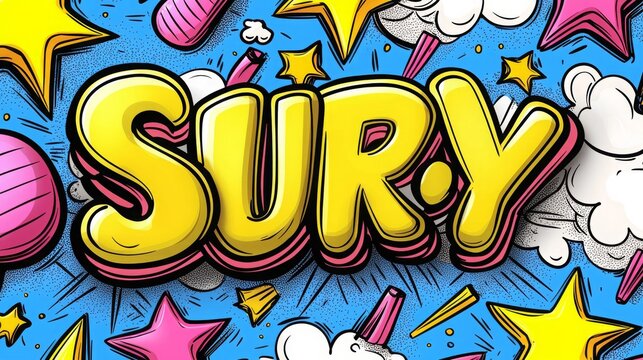 A vibrant, comic-style image featuring bold yellow text "SURY" surrounded by colorful stars and bursts against a blue background.