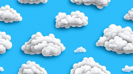 A bright blue sky filled with fluffy white clouds, creating a cheerful and serene atmosphere.