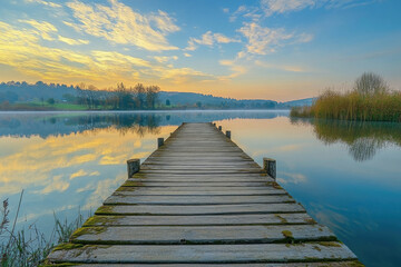 Serene sunrise over a calm lake, a wooden dock extends towards the tranquil waters reflecting the colorful sky.