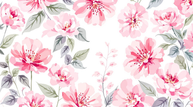 Hand drawn seamless pattern with watercolor rose flowers. Elegant romantic background with pink roses and leaves on a white background