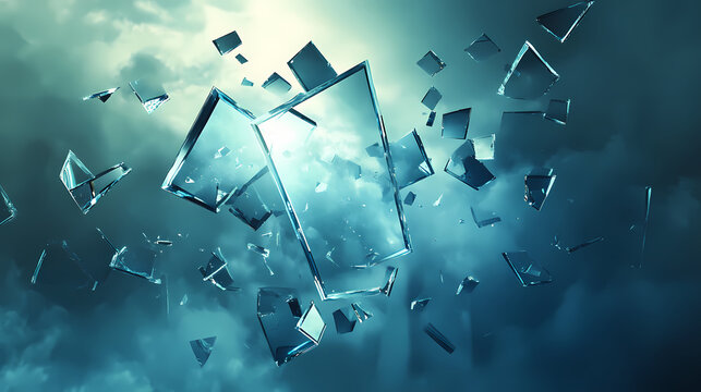 Shards of mirror floating in glowing dreamlike mist. Otherworldly Mirror Illusion. Illustration