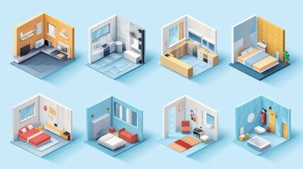 Fototapeta premium Set of low-poly home rooms in a vector isometric style. The set includes a living room, bathroom, kitchen, kids room, garage, bedroom, and other rooms. 