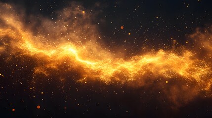 Long, curving line of fire with a lot of sparks. The fire is orange and the sparks are small