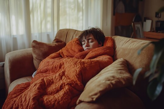 Woman wrapped in an orange blanket sitting on couch  - Powered by Adobe