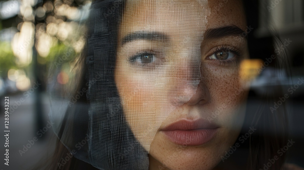 Aufkleber technological 3d scanning and face detection are used for biometric facial recognition and face id i