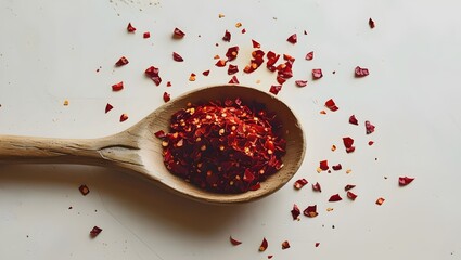 Deep Crimson Crushed Chili Flakes Resting in a Weathered Wooden Spoon Against a Neutral White Backdrop, Showcasing Spicy Texture and Warm Tones