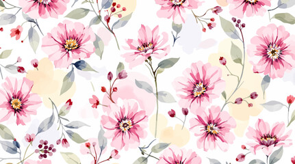 Watercolor pink Flowers and branches seamless pattern.
