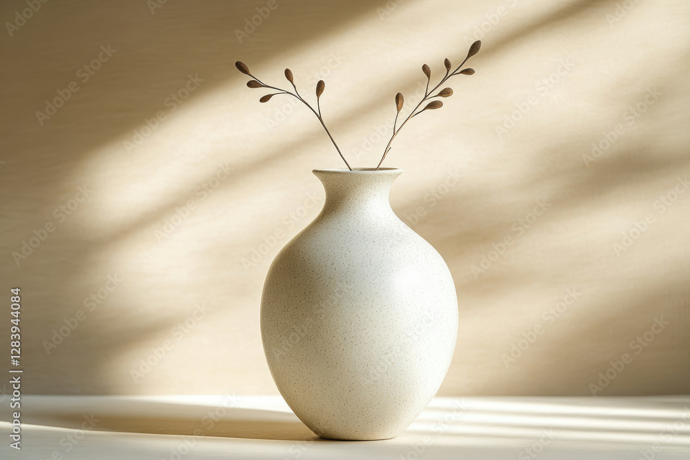 Poster simple elegance: a speckled white vase holds dried twigs, bathed in soft sunlight, creating a serene