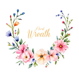 Beautiful wildflower watercolor wreath, Watercolor wildflower wreath clipart on white background, Floral wreath