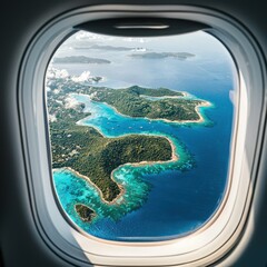 Aerial View of Tropical Islands and Turquoise Water from Airplane Window