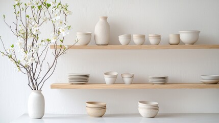 Minimalist kitchen shelves with pottery and blossoms