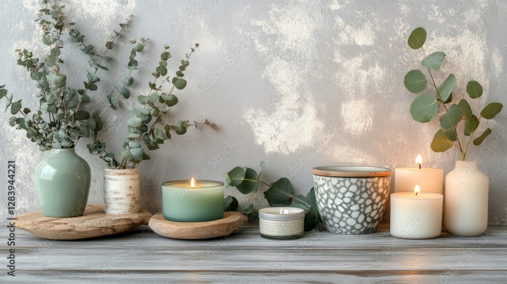 Aufkleber a serene setup features eucalyptus scented candles alongside lush greenery and decorative vases, cre