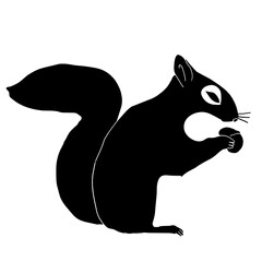 どんぐりを持っているリスの版画風手描きモノクロイラスト
