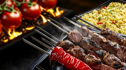 Grilled skewers of marinated meat with colorful vegetables and tomatoes, served with couscous
