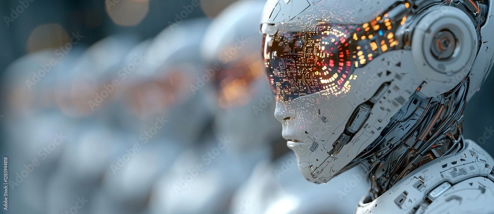 Poster in a modern industrial factory, a 3d humanoid robot utilizes automated processes and cutting-edge te