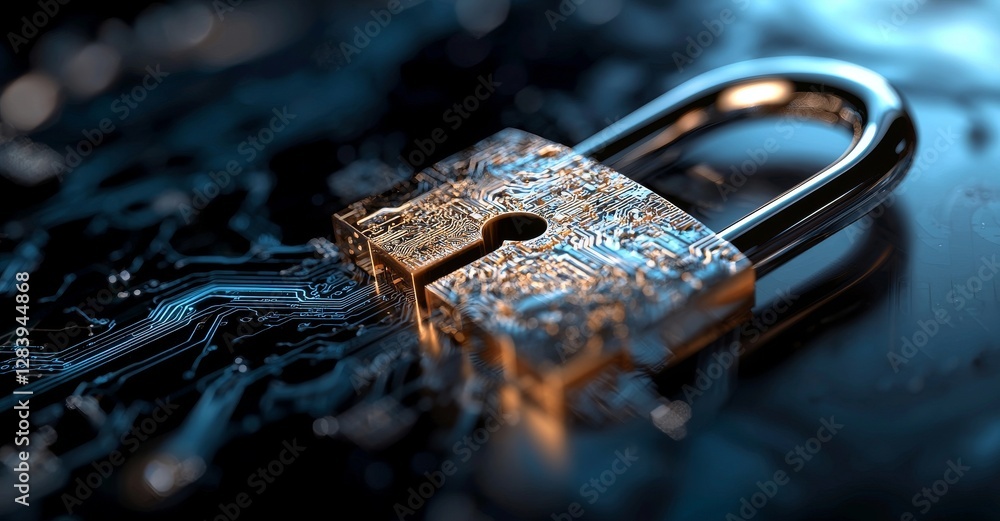Poster a digital padlock icon on a virtual interface screen signifies the importance of cyber security netw