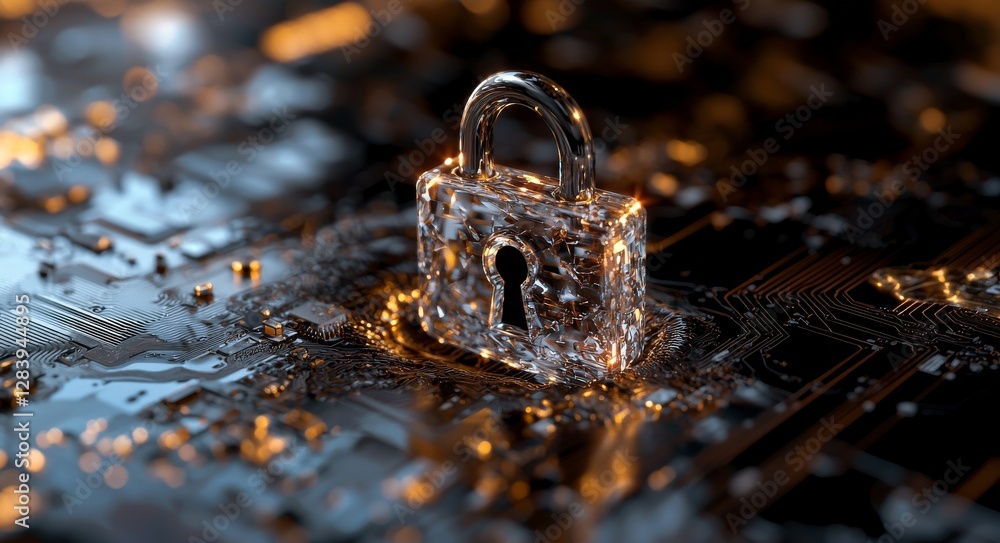 Poster the digital padlock icon of cyber security signifies the implementation of technology networks and d