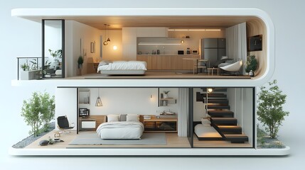 Fototapeta premium Futuristic tiny house with loft bedroom, smart home technology, isometric rendering, elegant decor, white background, high resolution