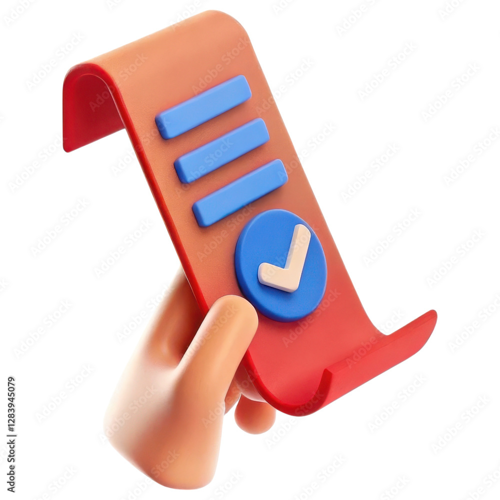 Poster hand holding a checklist with a checkmark and three lines for notes. 3d clipart