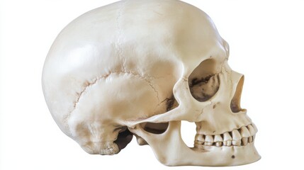 Lateral view of human skull on white background