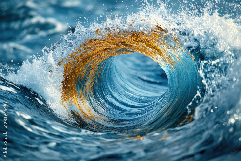 Poster a majestic ocean wave curls, its crest shimmering with golden light, a breathtaking spectacle of nat