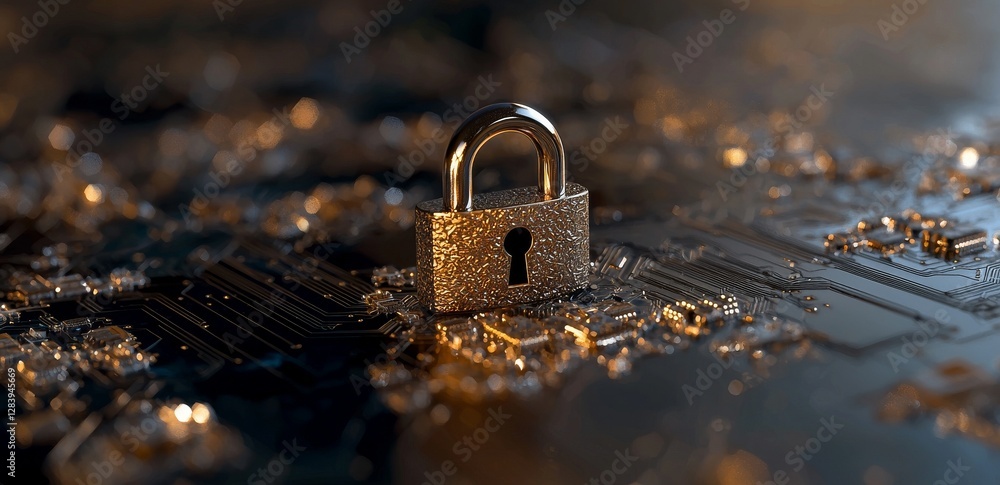Poster cyber security is represented by a digital padlock icon, symbolizing the technology network that pro