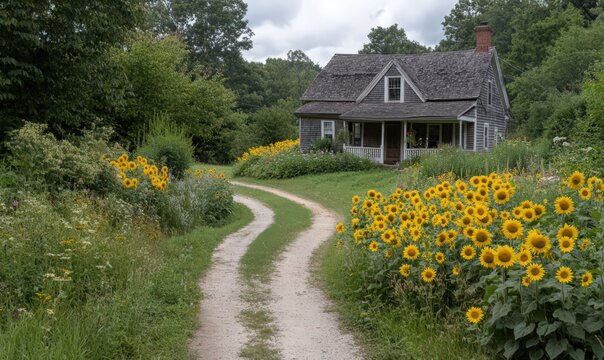 Overgrown Path to a Dilapidated Farmhouse Amidst Sunflowers