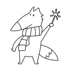 A coloring page with a funny fox wearing a striped scarf. Cute forest animal celebrating Christmas. Black and white character.