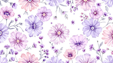 Watercolor pattern with different purple flowers on a white background. Watercolor delicate floral pattern.
