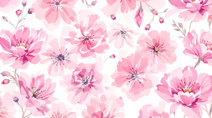 Seamless pattern with Pink flowers painted in watercolor style on a white background, elegant floral design	