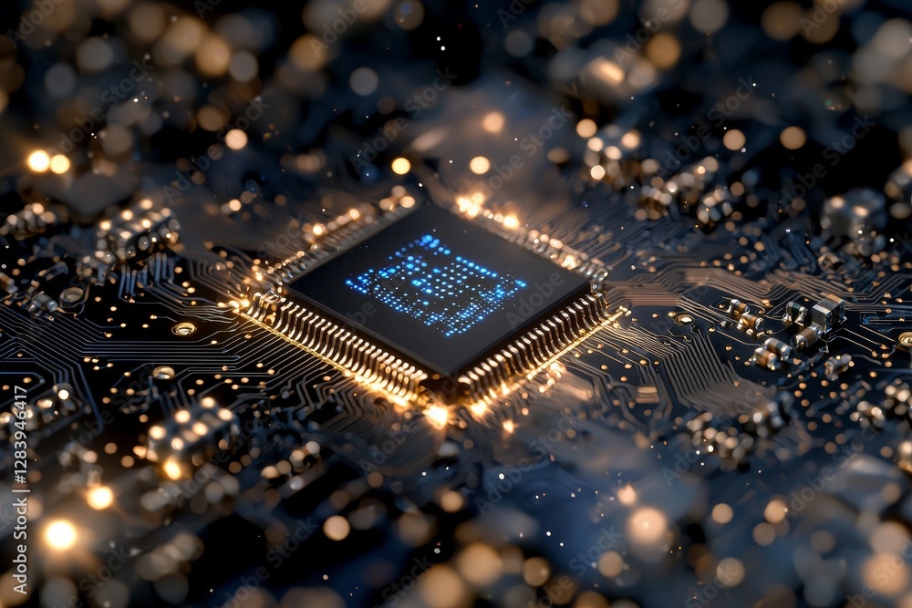 Poster a hologram of a glowing chip circuit on a dark background represents a creative concept of cpu and m