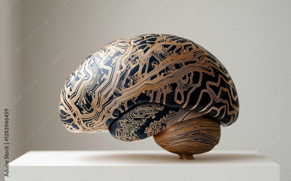 Poster a cybernetic brain is depicted as an electronic chip resembling a human brain, situated at the cente