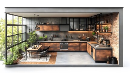 Industrial loft kitchen with metallic finishes, rustic wood, stylish lighting, compact layout, isometric rendering, white background, high resolution