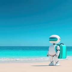 Robot on Beach with Clear Blue Water and Sunshine ,holiday summer 2025 Concept