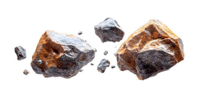 Asteroid Belt with Large Dark Rocks Drifting in Zero Gravity on transparent background