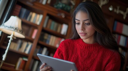 Studious Hispanic Woman Reading Academic Paper and Taking Notes on Tablet in Study Room with Bookshelves and Lamp
