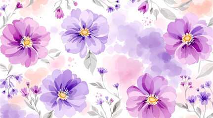 Watercolor pattern with different purple flowers on a white background. Watercolor delicate floral pattern.