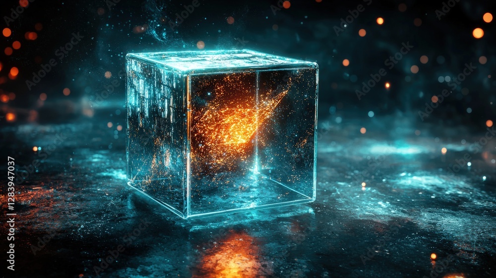 Poster a mysterious cube with a glowing fire inside creating an enigmatic and captivating visual effect