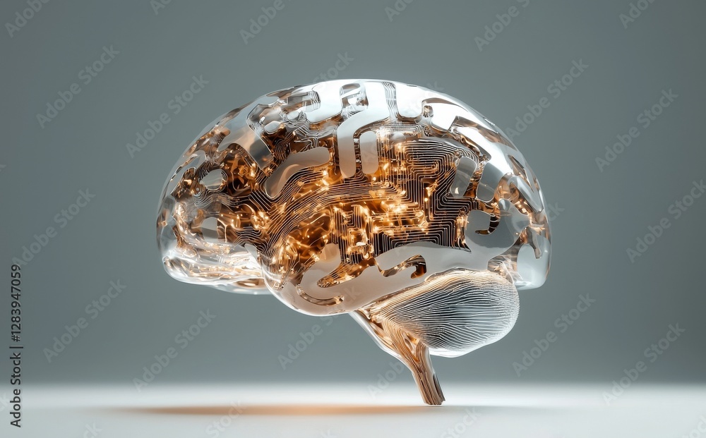 Poster an electronic chip in the shape of a human brain is positioned at the center of a circuit board, env