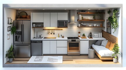 Innovative loft-style micro kitchen, compact appliances, neutral colors, clean design, isometric rendering, white background, high resolution