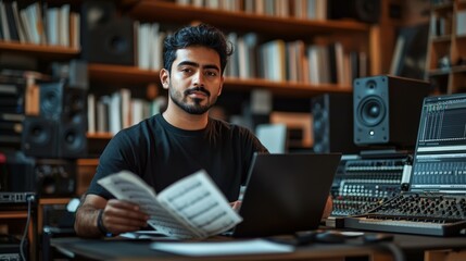 Talented South Asian Musician in Black T-Shirt Working in Sound Studio Surrounded by Music Theory Books and Equipment