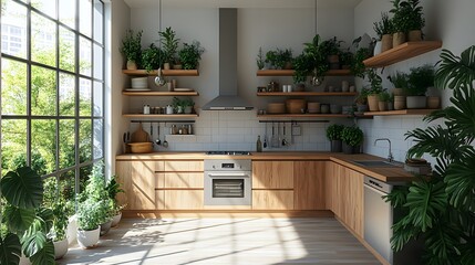 Bright and airy loft-style tiny kitchen, warm wood tones, clean interiors, isometric rendering, stylish accents, white background, high resolution
