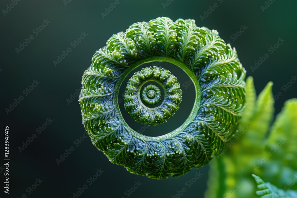 Poster a mesmerizing close-up of a fern's fiddlehead, showcasing its intricate spiral pattern and vibrant g